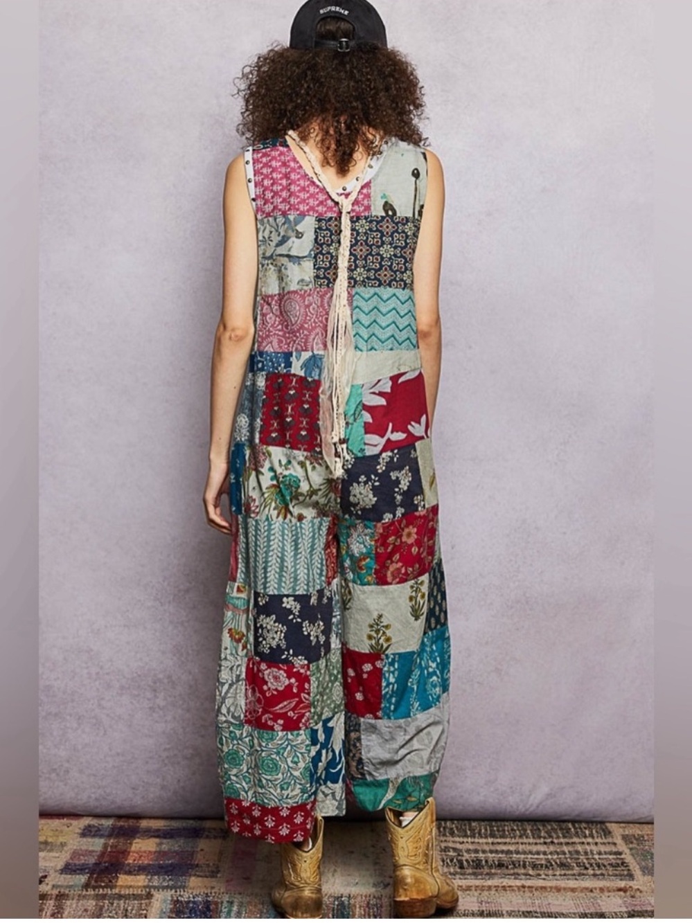 New: POL Boho Mixed Patchwork Lightweight Cropped Wide Leg Jumpsuit• Medium - Picture 5 of 9